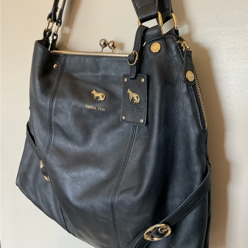 Emma Fox Black Leather Handbag with Gold Hardware